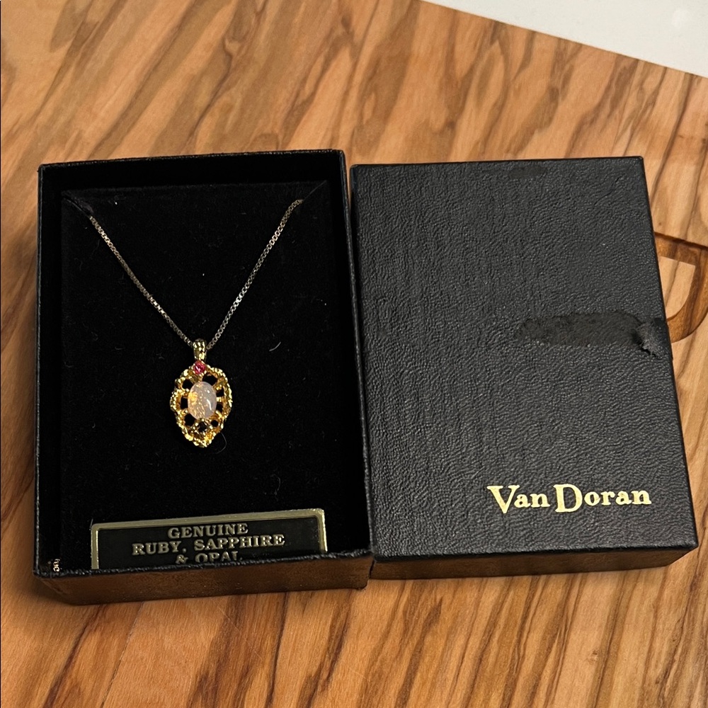 Gold plated Necklace with genuine Ruby, Sapphire, and Opal